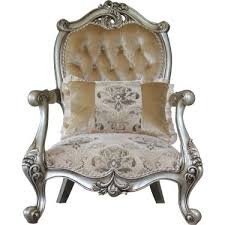 Grand European Luxury Furniture 38066 C Valeria Arm Chair Tufted Fabric Antique Silver Carved Mahogany Luxury Chairs Luxury Furniture Wooden Chair