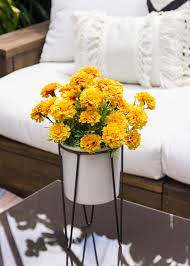 The marigold has a small, flowering head; Artificial Marigold Bush 13 Tall Artificial Flowers Artificial Flowers And Plants Fake Flower Arrangements