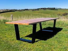 Metal dining table legs australian news headlines. Modern Hardwood Recycled Timber Dining Table With Bespoke Angled Steel Leg