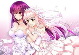 Two female anime characters, Fate/Grand Order, Medb ( fate/grand order ),  Scathach ( Fate/Grand Order ), wedding dress HD wallpaper | Wallpaper Flare