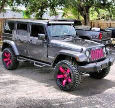 4 Door Black And Pink Jeep Wrangler Grey Four Door Jeep Jk Painted Pink Wheels Four Door Jeep Jeep Cars Pink Jeep