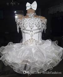 White Lace Beaded Halter Short Sleeve Bow Organza Ball Gown Cupcake Toddler Little Gi Little Girl Pageant Dresses Glitz Pageant Dresses Toddler Pageant Dresses