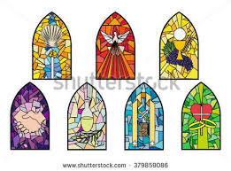 Symbols Of The Seven Sacraments Of The Catholic Church On Stained Glass Windows Catholic Church Stained Glass Stained Glass Church Stained Glass Windows Church