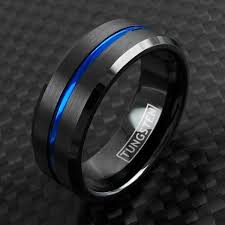 Womens Black And Blue Wedding Rings Black Tungsten Ring W Recessed Blue Stripe Beveled Edges Wholesale Tungsten Rings Wedding Black Tungsten Rings Blue Wedding Rings Titanium Wedding Rings