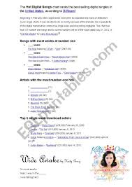 Billboard Digital Chart 07 2012 Esl Worksheet By Edhu1981