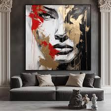 Hand-painted Woman Portrait: Black, Gold & Red Abstract Textured Oil  Painting