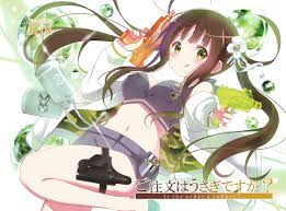koi (koisan), anko (gochiusa), ujimatsu chiya, gochuumon wa usagi desu ka?,  highres, official art, scan, 1girl, :q, alternate hairstyle, badge, blush,  breasts, brown hair, button badge, camouflage, copyright name, crop top, dog