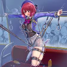 monikano, arima kana, oshi no ko, highres, 1girl, @ @, bdsm, blush, bondage,  bound, crucifixion, hitachi magic wand, open mouth, red eyes, red hair,  restrained, rope, sex toy, short hair, skirt, train