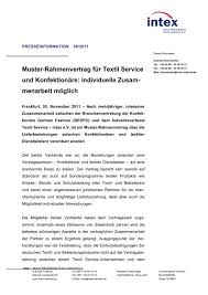 Der vertragshändler erklärt sich mit deren einbeziehung ausdrücklich einverstanden. Muster Rahmenvertrag Fur Textil Service Und Konfektionare Intex Ev