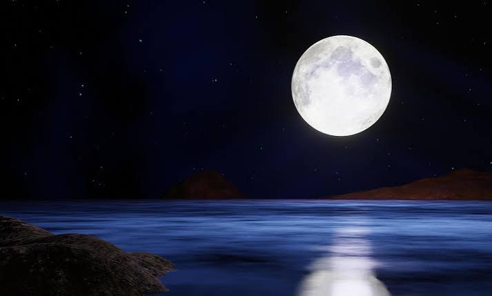 The blue full moon is reflected in the sea. A wave of water from the ocean  to island. The sky has many stars. Ripples on the sea at night. 3D  Rendering 6662443