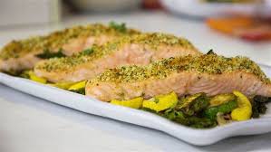 Vitale S One Pan Herb Crusted Salmon Veggies Herb Crusted Salmon Cooking Salmon Seafood Entrees
