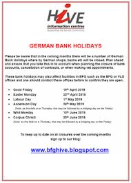 For holidays falling on sunday, all federal reserve banks and branches will be closed the following monday. Bfg Hive German Bank Holidays