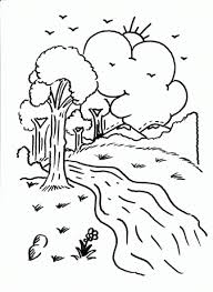 Fun Printable Coloring Page River With Trees Clouds Sun Coloring Pages Printable Coloring Pages Color