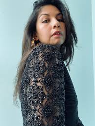 90s Mary Mcfadden Couture Black Beaded Plisse Long Sleeve Fancy Sheath  Dress