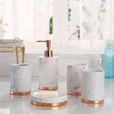 Marble Look With Rose Gold Trim 5 Piece Bathroom Accessory Set Etsy Marble Bathroom Accessories Gold Bathroom Decor Bathroom Accessory Set