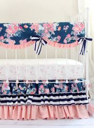 The most common coral crib set material is cotton. Navy Coral Crib Bedding Set Navy Floral Coral Bumperless Set Lottie Da Custom Baby Bedding Girl Baby Girl Crib Bedding Crib Bedding Girl