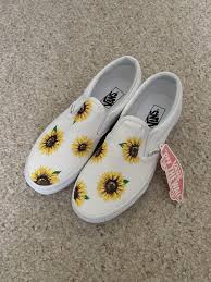 Black And White Checkered Vans With Sunflowers Sunflower Vans Custom Hand Painted White Fashion Clothing Shoes Accessories Womensshoes Comfortsho Canvas Shoes Diy White Vans Shoes Painted Sneakers