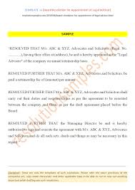 Sample job offer letter suited for most jobs. Board Resolution Format For Appointment Of Legal Advisor
