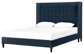 The bed comes with a bentwood slat system providing superior back support and excellent pressure distribution, allowing air to pass under the bed to keep. Jefferson Indigo Upholstered Wingback Queen Bed Transitional Platform Beds By Zin Home Houzz