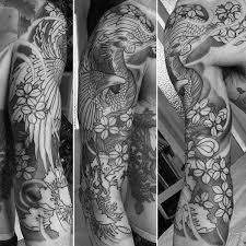 Shaded Black And Grey Floral Japanese Phoenix Half Sleeve Tattoo Designs For Men Tattoo Sleeve Designs Half Sleeve Tattoo Sleeve Tattoos