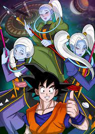 1boy 3girls angel (dragon ball) black hair blue skin blush  braided ponytail comic cus dragon ball dragon ball super female goku  looking at viewer male marcarita multiple girls open