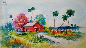 How To Draw A Very Easy Colorful Village Landscape For Beginners Landscape Drawing Easy Colorful Landscape Paintings Landscape Drawings