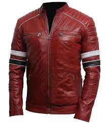 Striped Detailed Cafe Racer Red Motorcycle Leather Jacket Striped Leather Jacket Jackets Men Fashion Leather Jacket Style