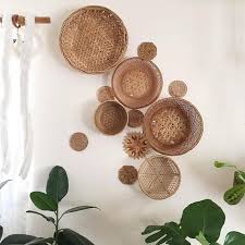 Bohemian Wall Basket Decor Set Large Set Of Bamboo Straw Wood And Bead Baskets On Wall Basket Wall Decor Boho Living Room Decor