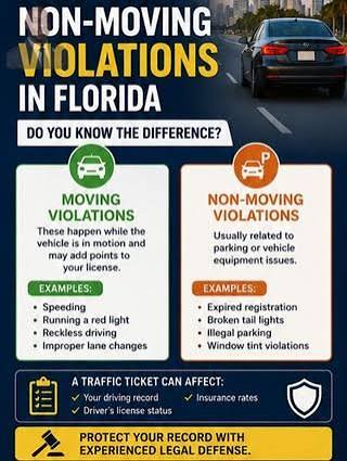 🚗 Do You Know the Difference? ✓ Moving Violations These happen while the  vehicle is in motion and may add points to your license. Examples: •  Speeding • Running a red light •