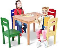 With bright colors and a stable build, it is a constructive way to keep your children. Homgx Kids Wooden Table And 4 Chairs Set 5 Pieces Table Chairs Set Children Sturdy Wooden Furnitur Kids Wooden Table Playroom Furniture Dining Table Setting