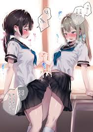Rule 34 - 2futas Absurdres Arm Support Ayanakitori Black Hair Black Skirt  Blonde Hair Blue Neckerchief Blush Breasts Brown Eyes Clothed Clothing Cum  Cum On Clothes Dicks Touching Duo Ejaculation Erection Under