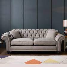 Bordeaux Button Back 3 Seater Grey Fabric Sofa With 2 Accent Pillows Stylish Living Room Furniture Sofa Design Sofa Inspiration