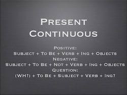The first form of verb (v1) here is eat and ing has been added to it, followed by the object food. Learn How To Use The Present Continuous Tense
