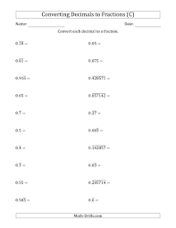 The Converting Terminating And Repeating Decimals To Fractions C Math Worksheet Decimals Worksheets Fractions Worksheets Decimals