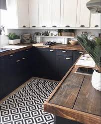 Diy Kitchen Renovation Butcher Block Wood Countertops Two Color Cabinets Black Lower Cabinets And White Diy Kitchen Renovation Home Kitchens Kitchen Design