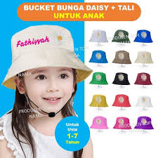 Jual Bucket Anak Cewek Motif Bordir Bunga Daisy dan Bordir Nama Usia 1-6  Tahun