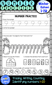 Numbers 1 20 Handwriting And Counting Practice Worksheets Winter Edition Preschool Math Worksheets Writing Numbers Writing Practice