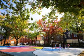 This is a mural featured in my book. A Painted Basketball Court In Aalst Belgium Artist Katrien Vanderlinden Wonderwalls Instagram Wonderwalls Basketball Court Basketball Basketball Design