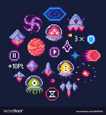 Space Game Pixel Art Aliens And Spaceship Icons Vector Image Game Pixel Art Pixel Art Pixel Art Space