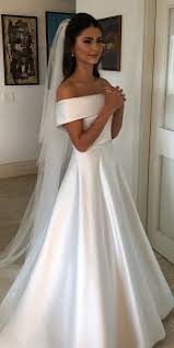 A Line Wedding Dresses Simple Straight Neckline Satin Wanda Borges Vintageweddingdress Off Shoulder Wedding Dress Simple Wedding Gowns Wedding Dresses Satin