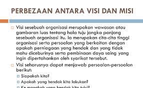 Pengertian visi dan misi memang dua hal yang mempunyai pengertian berbeda. Beza Visi Dan Misi