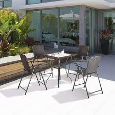 What to do with a glass patio table? Outsunny 5 Piece Outdoor Patio Wicker Rattan Bar Height Square Glass Top Dining Table Set With Folding Chairs In Brown Wholesale Furniture Brokers Canada