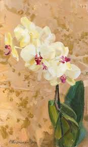 Watercolor painting of yellow orchid flowers, stem, its green leaves and roots on white. Yellow Orchid Painting By Valeriy Kharchenko Artmajeur