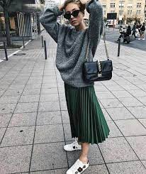 Black Faux Leather Pleated Skirt High Waist Midi Length Pu Autumn Fall Winter Skirt And Sneakers Skirt Outfit Casual Long Skirt Outfits