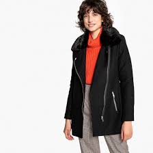 Detail how cute is this new faux fur collar trim black quilted jacket? Wool Mix Biker Coat With Faux Fur Collar Black La Redoute Collections La Redoute