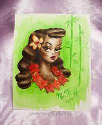 A Hawaiian Beauty Wearing A Bright Red Lei And Plumeria In Her Hair Perfect For Your Retro Tropical Decor Or Tiki Bar Tiki Artwork Tiki Art Original Drawing