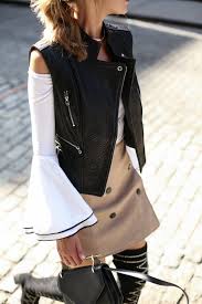 For example, you might wear a simple white crop top with a black pencil skirt while going out to brunch. Camel Khaki Double Breasted Mini Skirt Studded Over The Knee Boots Off The Shoulder Bell Sleeve New York Fashion Week Nyfw3 Memorandum Nyc Fashion Lifestyle Blog For The Working Girl