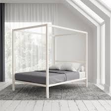Powder blue canopy bed dressed with white and blue curtains and a gray bench at the foot of the bed atop a gray rug. Modern Canopy Queen Metal Bed Multiple Colors White Walmart Com Walmart Com