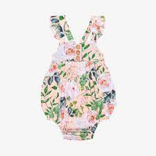 Posh peanut sunny capsleeve henley bubble romper ruffled cap sleeves with a scoop neckline Posh Peanut Harper Henley Ruffled Capsleeve Bubble Romper 58