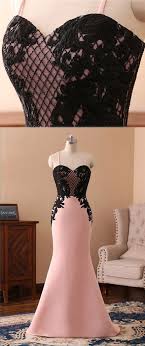 Sweetheart Pink Satin Long Spaghetti Straps Mermaid Black Lace Prom Dress Prom Dress Promdress P Black Lace Prom Dress Prom Dresses Lace Lace Dress Vintage